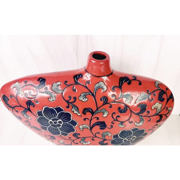 VINTAGE Lopsided Navy,  Gray & Red Floral Abstract Slim Ceramic Vase - Picture 3 of 7